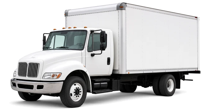 White box truck, three-quarter front view