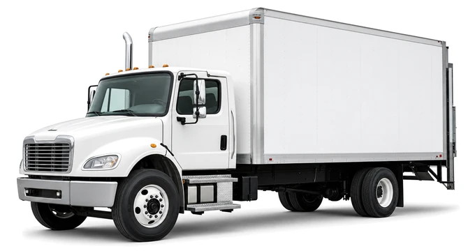 White straight truck with liftgate, three-quarter front view