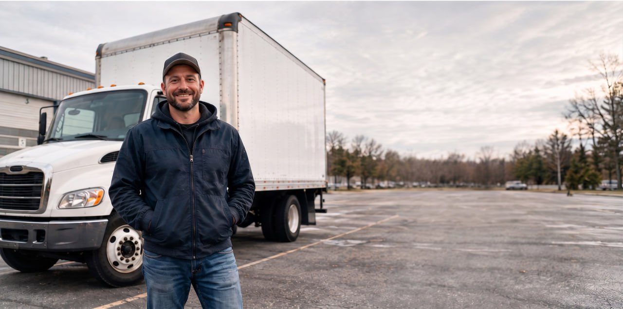 Owner-operator standing in front of his box truck