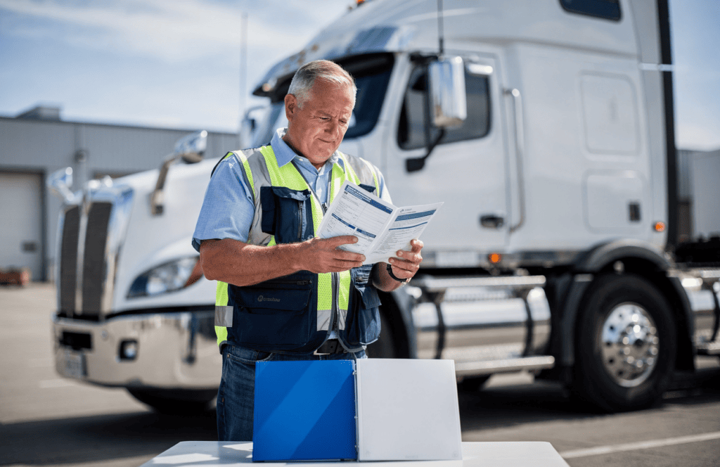Owner-operator reviewing compliance documents next to a semi truck