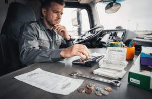 Owner-operator calculating expenses with receipts and a calculator inside a truck cab