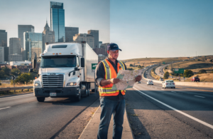 Owner-operator reviewing a route map on the roadside next to a semi truck