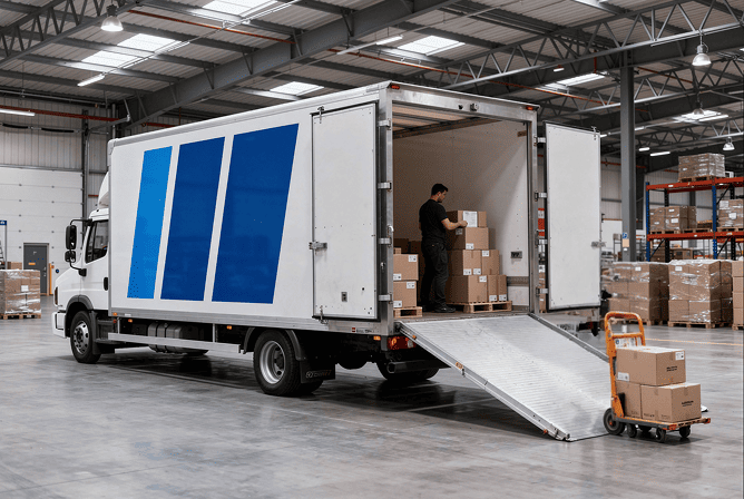 Box truck owner-operator loading palletized freight at warehouse dock for delivery route