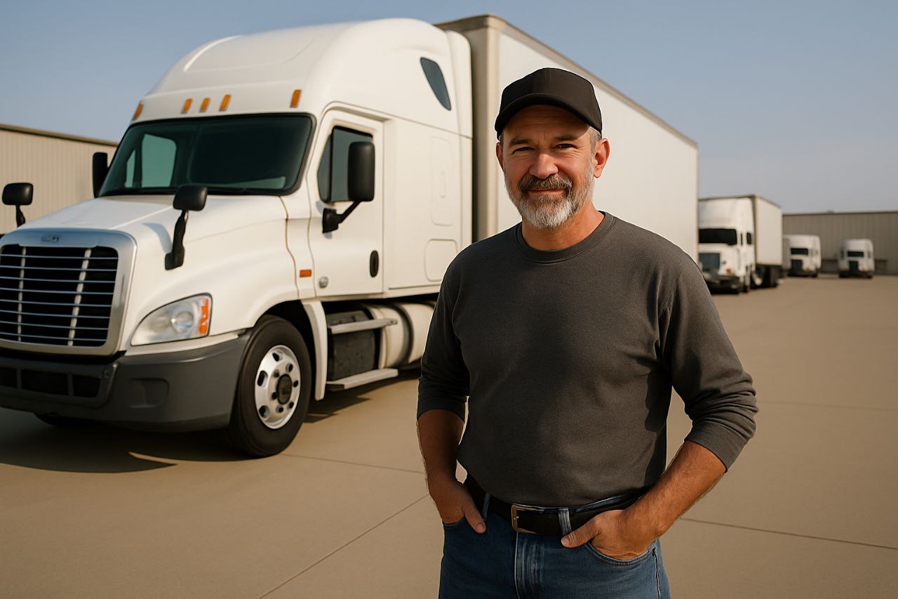 Smiling U.S. motor carrier partner standing beside a white semi-truck at a logistics yard, representing verified freight and steady load partnerships.