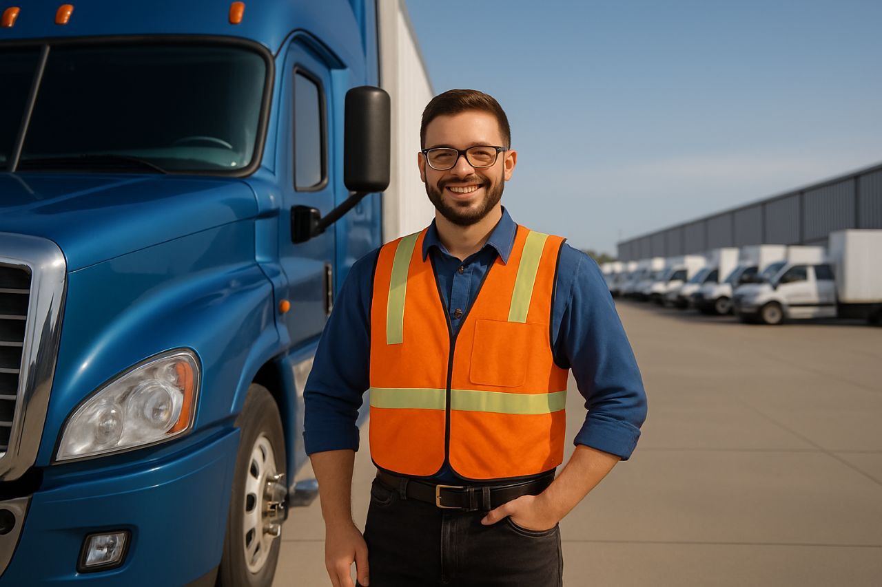 Smiling U.S. owner-operator truck driver standing beside a blue semi-truck, representing CDL, non-CDL, MC, and non-MC driving opportunities across America.