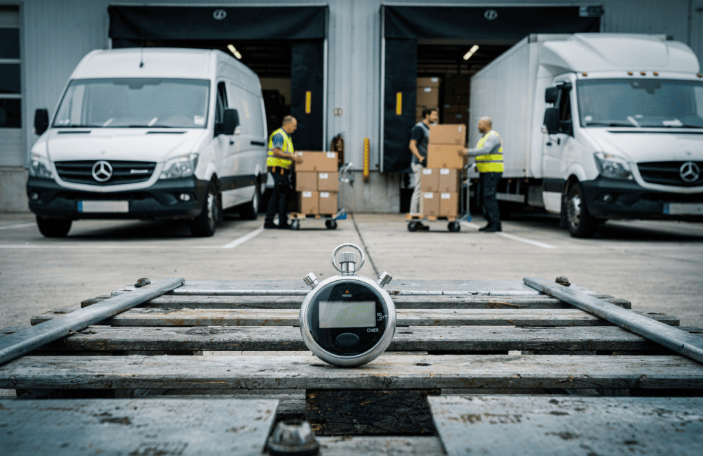 Stopwatch placed on a loading dock while workers load boxes into delivery vans