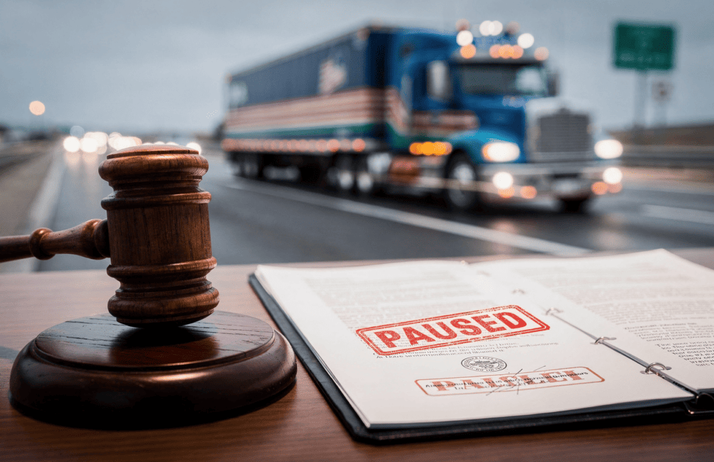 Court document marked paused next to a judge’s gavel with a semi truck on the road in the background