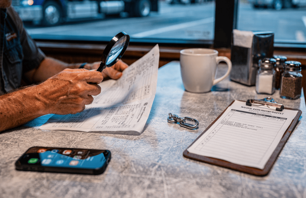 Owner-operator examining paperwork with a magnifying glass at a table