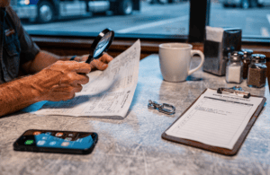 Owner-operator examining paperwork with a magnifying glass at a table