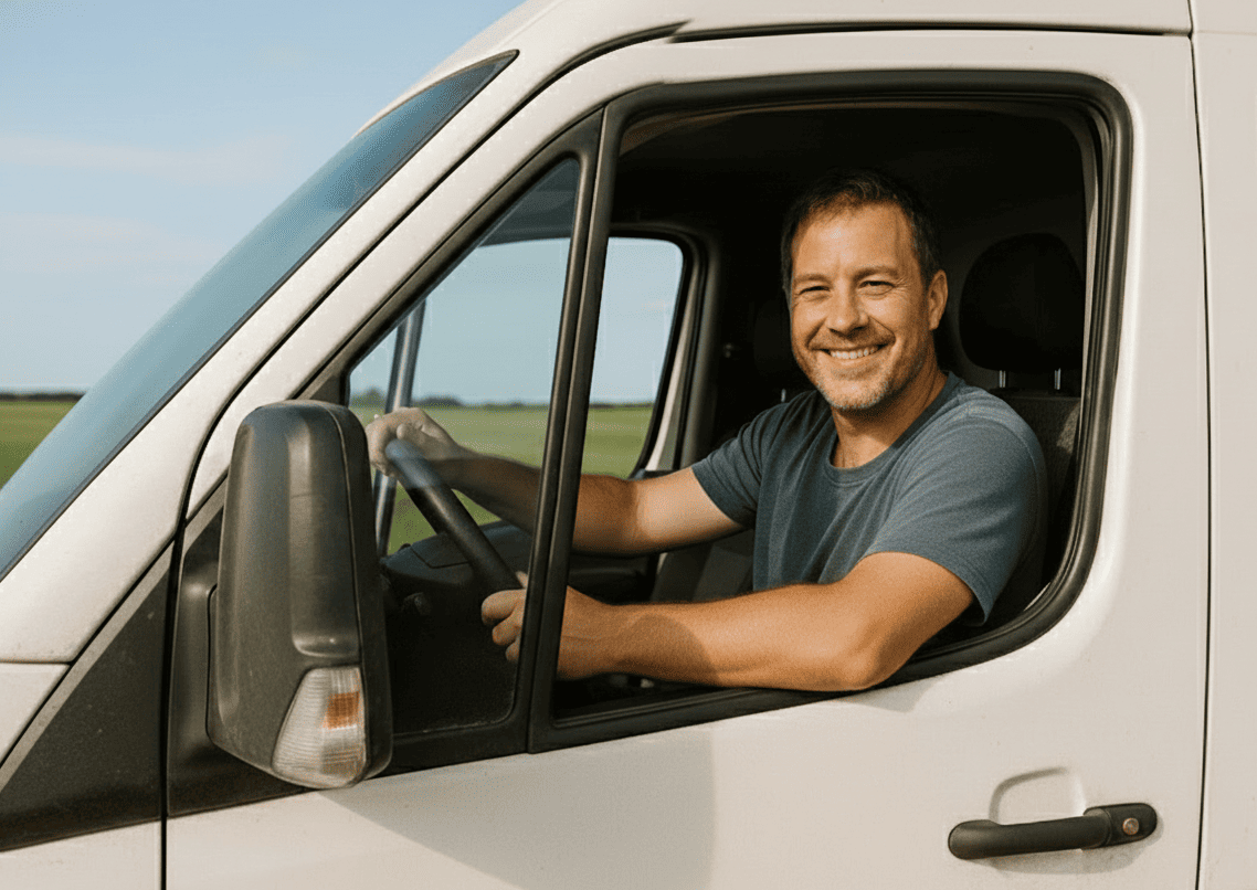 Smiling Sprinter van driver sitting in the driver’s seat with his arm resting on the window, representing a confident and successful owner-operator.