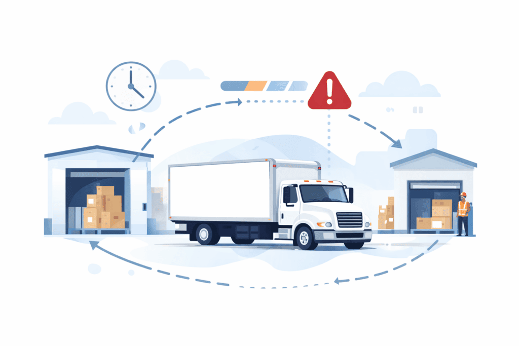 Illustration showing box truck expediting as time-sensitive freight moving between a warehouse and receiver under scheduling pressure