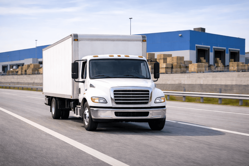White non-CDL box truck driving toward the camera on a highway near a warehouse loading dock area