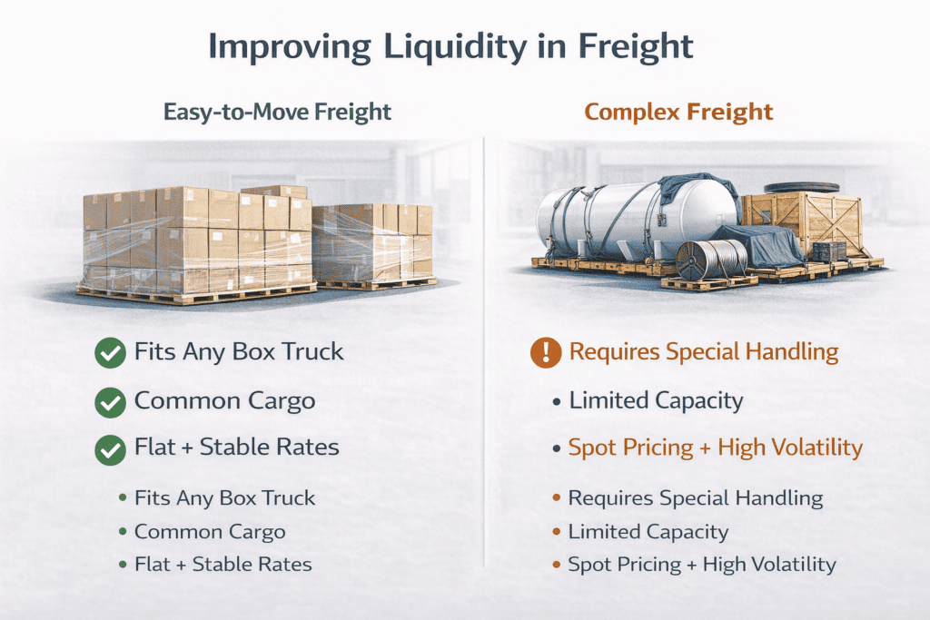 Comparison illustration showing easy-to-move, palletized freight versus complex freight requiring special handling, explaining how freight liquidity affects box truck profitability and risk.