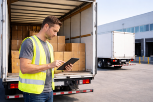 Box truck owner-operator checking load paperwork on a tablet beside an open box truck at a loading dock