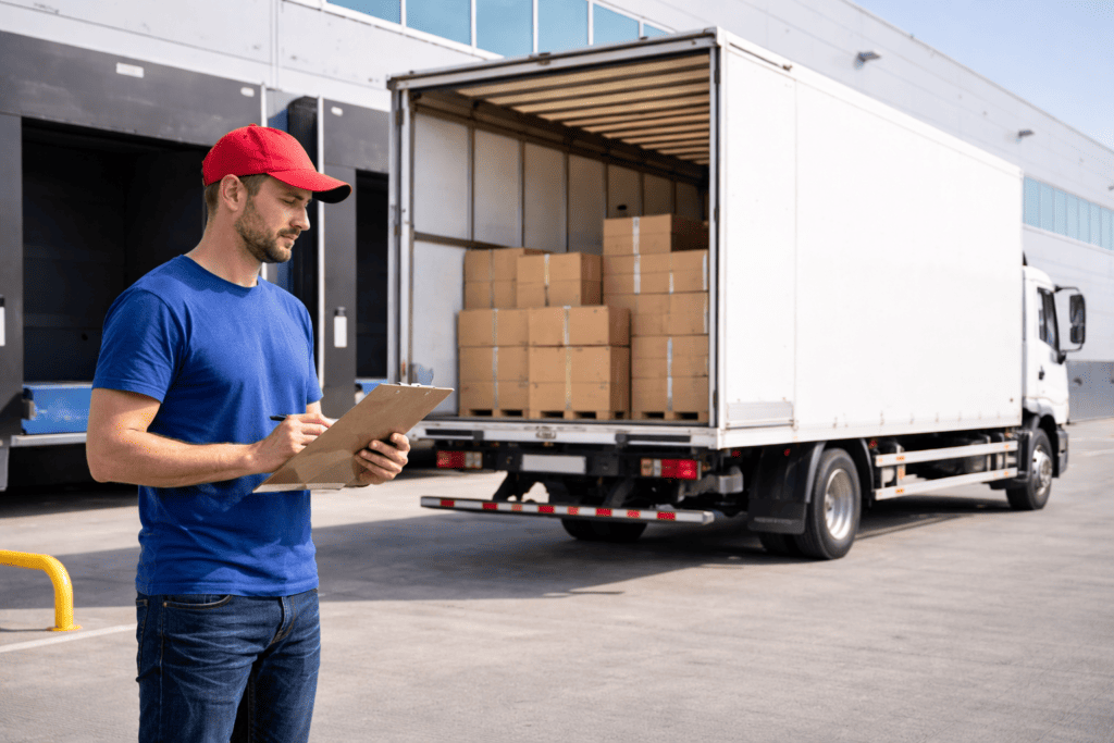 Box truck owner-operator at a loading dock checking paperwork while freight is staged inside the truck