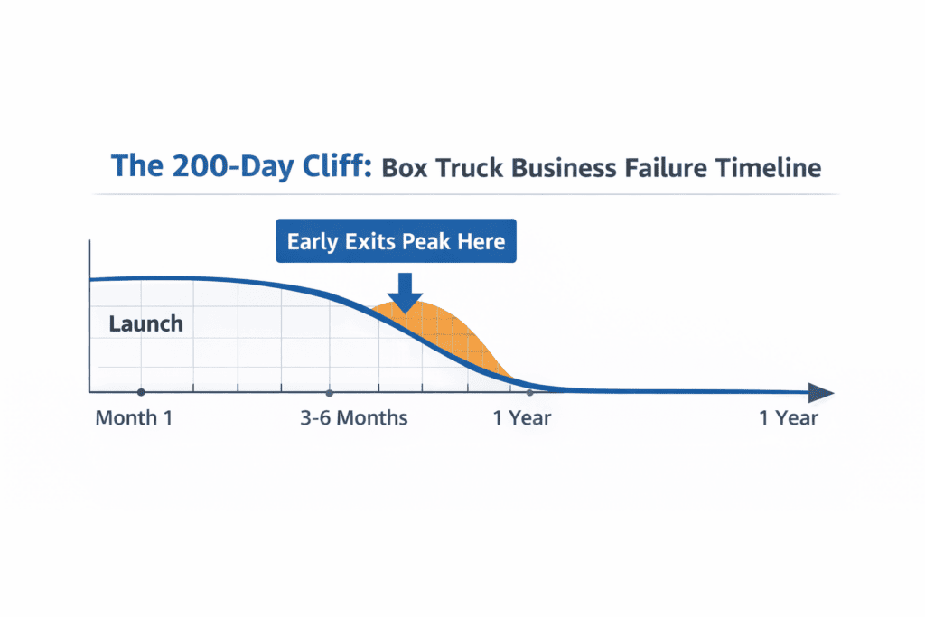 alt text: Timeline illustrating early box truck business failures clustering between three and six months after launch.