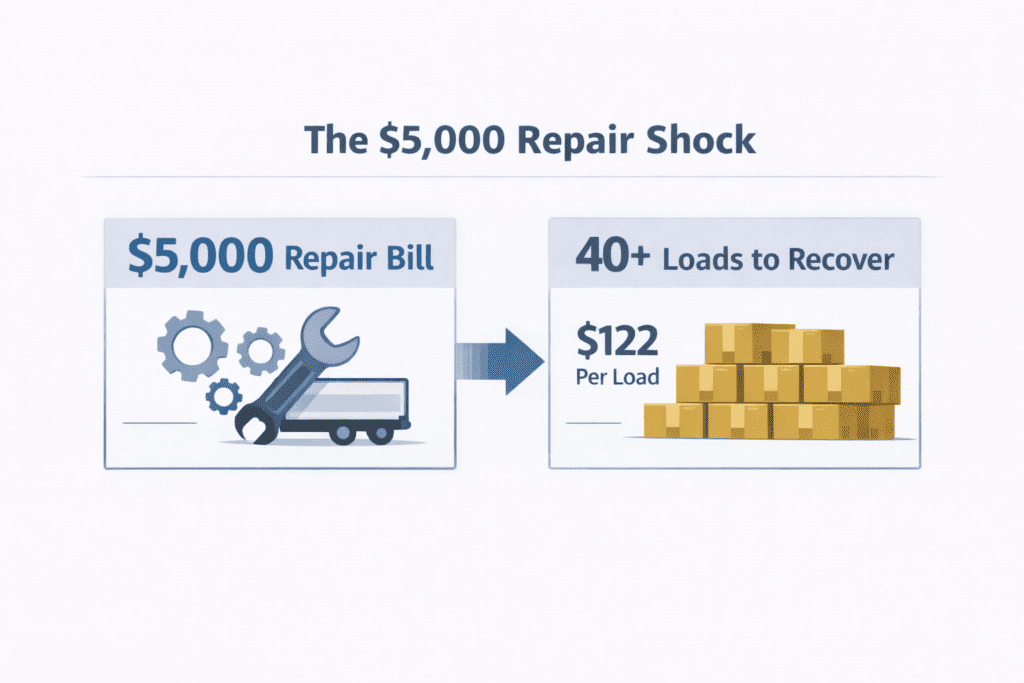 Illustration showing how a $5,000 box truck repair requires more than 40 loads to recover at $122 net per load.