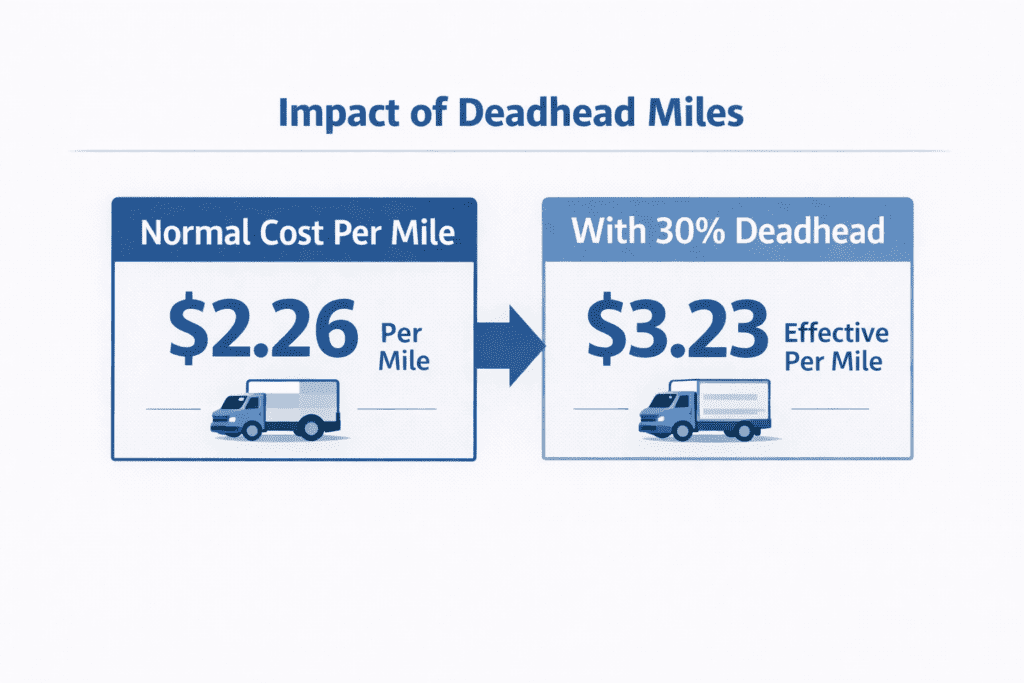 Comparison showing how 30% deadhead increases box truck cost per mile from $2.26 to $3.23.