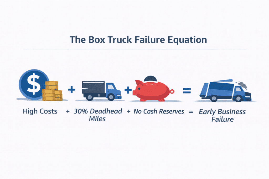 Diagram showing how high operating costs, 30% deadhead miles, and no cash reserves combine to cause early box truck business failure.
