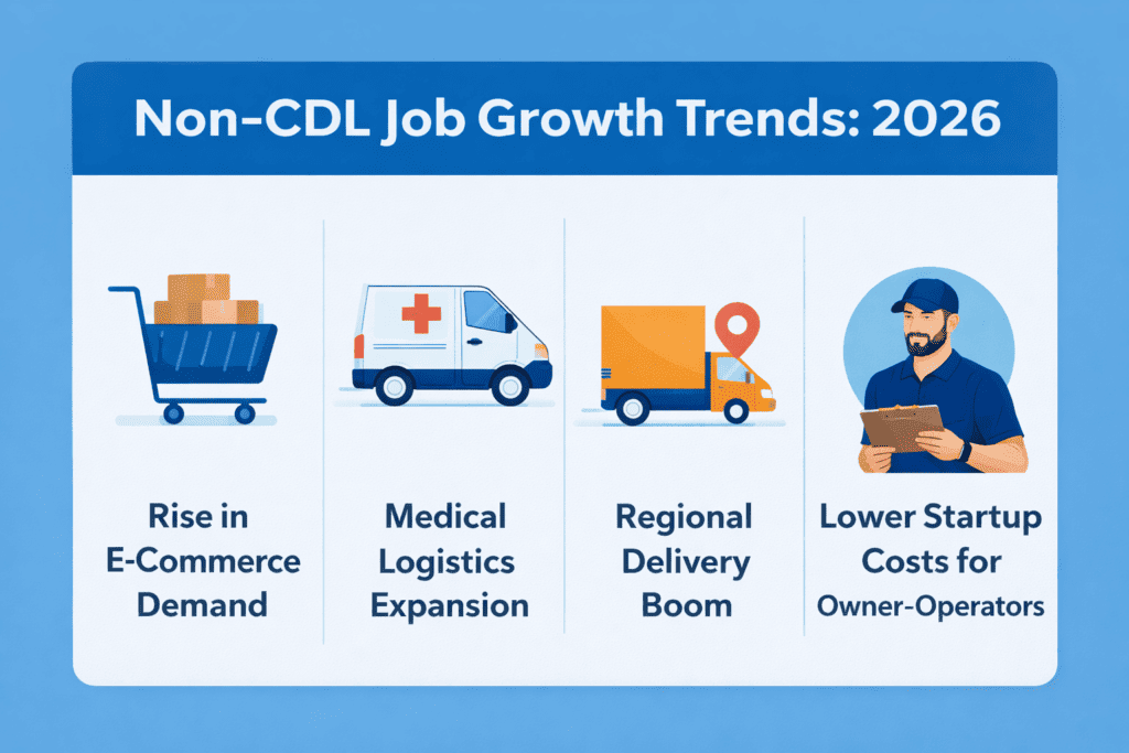 Infographic showing key drivers of non-CDL job growth in 2026: e-commerce demand, medical logistics, regional delivery boom, and lower startup costs for owner-operators