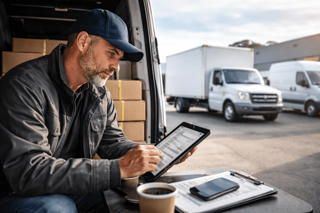 Non-CDL cargo van owner-operator reviewing expedited freight load listings on a tablet inside a delivery van