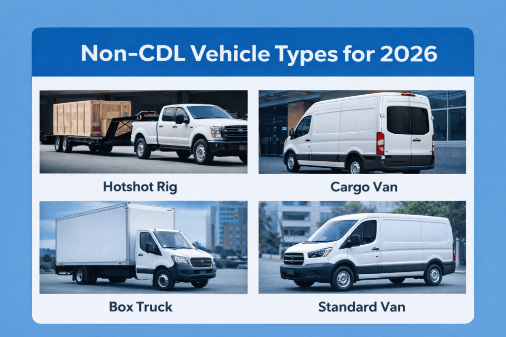 Comparison of four non-CDL vehicle setups for owner-operators in 2026: hotshot rig with trailer, cargo van for expediting, box truck for final-mile, and standard van for local routes.
