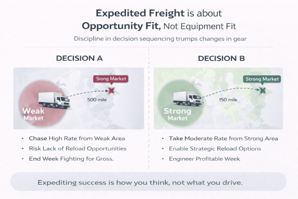 Diagram showing opportunity-fit versus equipment-fit decision paths in expedited freight operations