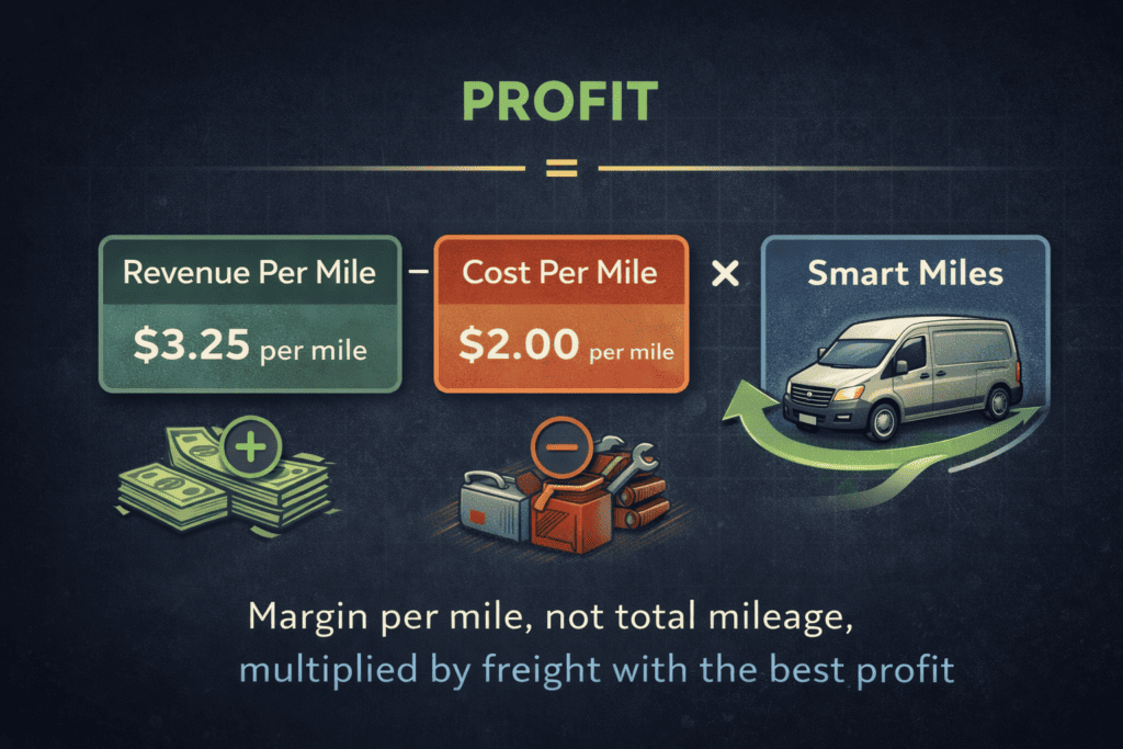Illustration showing the owner-operator profit formula: profit equals revenue per mile minus cost per mile, multiplied by smart miles.