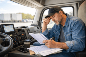 Owner-operator reviewing a freight load inside a truck cab while deciding whether to accept the shipment.