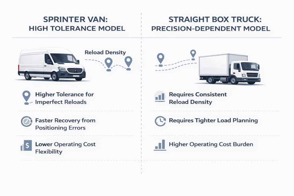 Comparison of sprinter van and straight box truck expediting models showing flexibility versus precision requirements