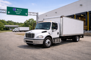 Straight box truck staged near an industrial warehouse and highway corridor during daytime expediting operations