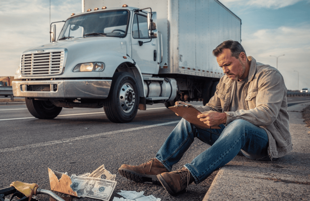 Box truck owner-operator sitting roadside reviewing paperwork after a breakdown, illustrating early financial and operational challenges in the first months of a box truck business