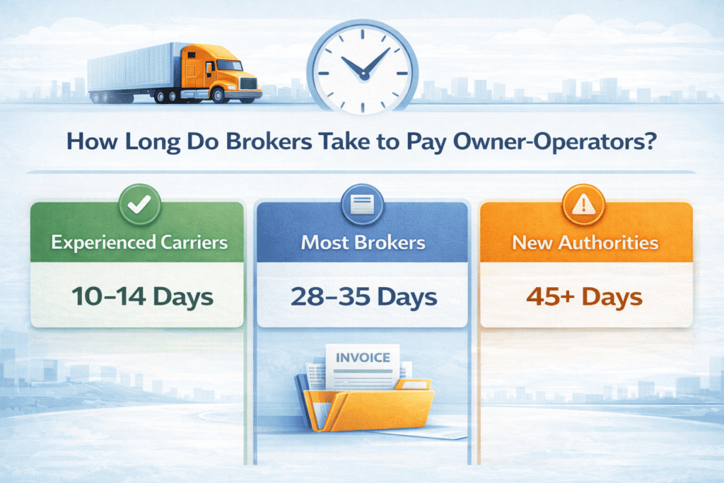 Infographic showing how long brokers take to pay owner-operators: 10–14 days for experienced carriers, 28–35 days for most brokers, and 45+ days for new authorities.