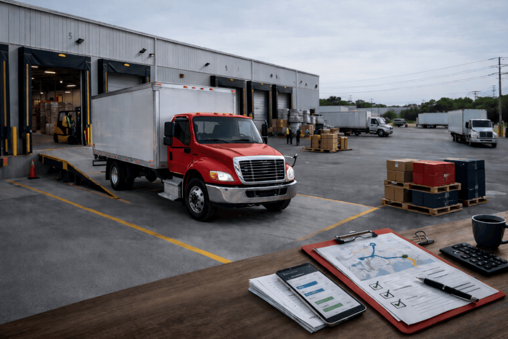 Red and white box truck at warehouse loading dock with pallets, logistics paperwork, and tablet showing load planning for steady box truck loads in 2026