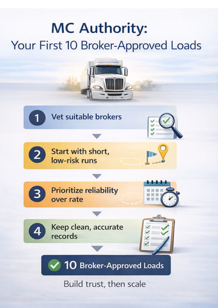 Step-by-step infographic showing how a new MC authority secures the first 10 broker-approved loads through broker vetting, low-risk runs, and clean records