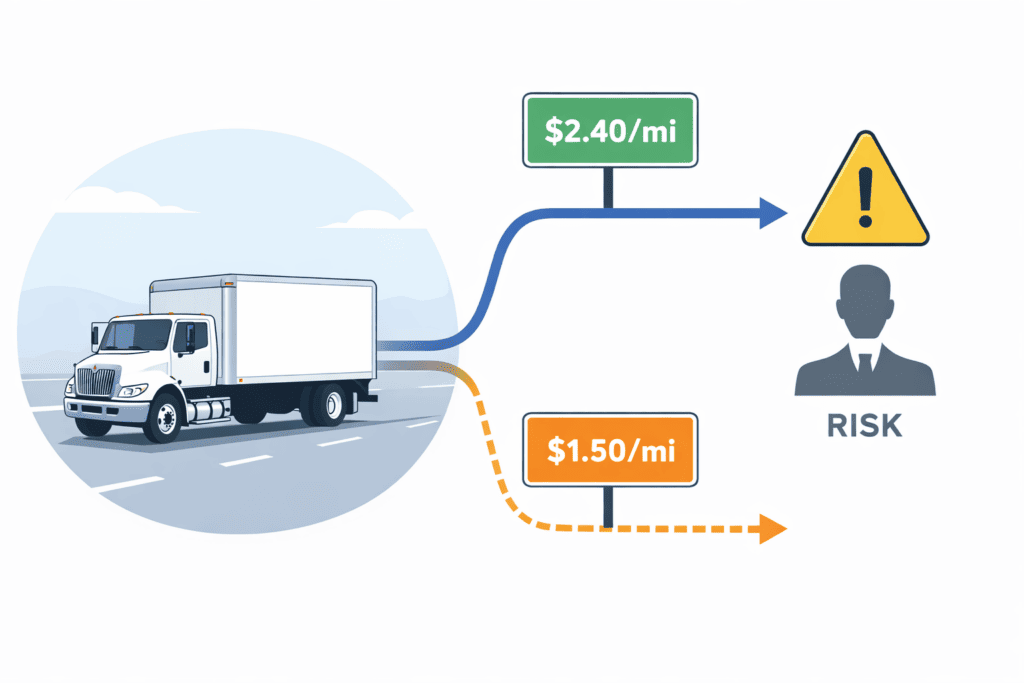 Illustration showing a new MC box truck facing lower-paying freight due to higher broker risk