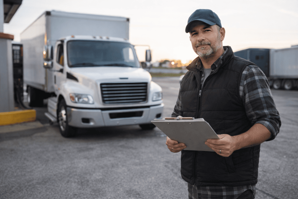 Owner-operator calculating break-even rate per mile before booking box truck freight