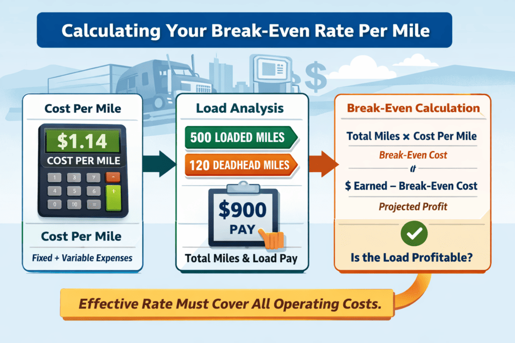 Illustration showing how owner-operators calculate break-even rate per mile using cost per mile, loaded miles, deadhead miles, and total load pay to determine profitability.