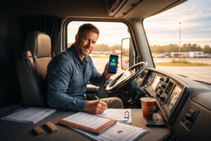 Owner-operator reviewing invoices inside a semi-truck cab during daylight, illustrating broker payment timing and cash flow management.