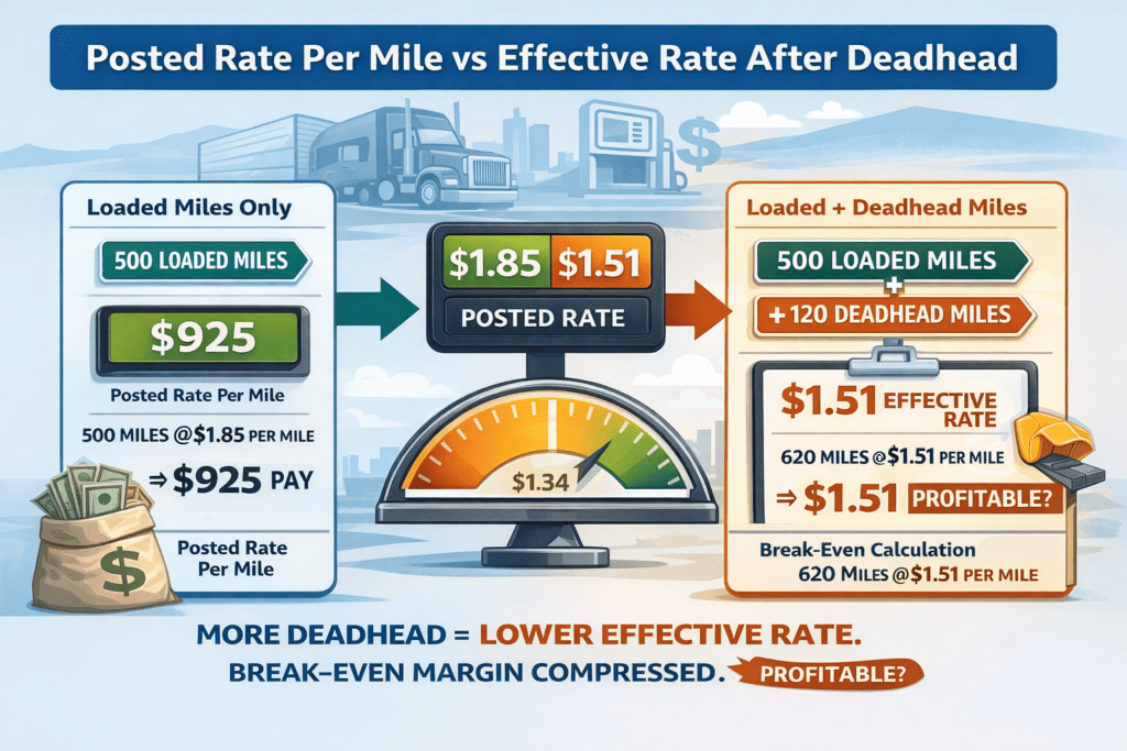 Infographic comparing posted rate per mile vs effective rate after deadhead miles for owner-operators, showing how 500 loaded miles at $1.85 per mile drops to $1.51 effective rate when 120 deadhead miles are included, illustrating break-even margin compression.