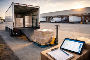 box truck being loaded with palletized freight at a warehouse dock while a tablet displays load board freight listings