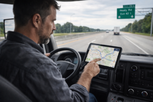Box truck owner-operator reviewing route plan at warehouse dock in 2026