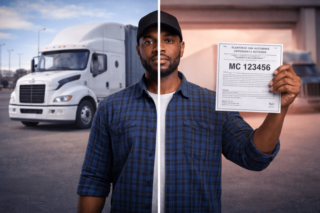 Box truck owner-operator comparing leasing onto a carrier vs running own MC authority, holding operating authority document beside truck