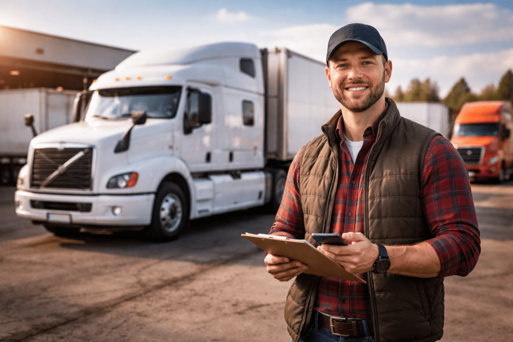 Owner-operator with a new MC authority standing near a semi truck while reviewing documents and calling a freight broker at a logistics yard.