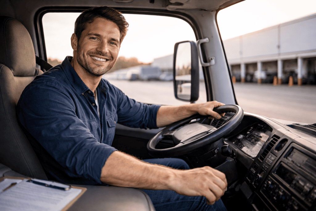 box truck driving on interstate freight corridor in the united states
