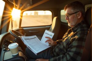 Box truck owner-operator reviewing fuel receipts, invoices, and a calculator on a clipboard inside a truck cab at golden hour, illustrating monthly expense tracking and cost breakdown.