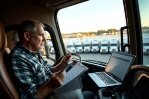 Owner-operator box truck driver reviewing load board rates on a laptop and clipboard inside a truck cab at a daylight truck stop, illustrating rate compression and load board competition.