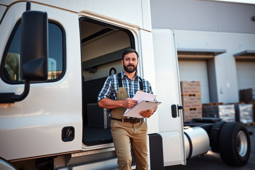 Owner-operator truck driver stepping from a box truck at a distribution center loading dock with a clipboard, illustrating structured freight program dispatch and scheduled pickups.