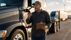 Owner-operator standing beside a Class 8 day cab at a Midwestern truck stop, mid-conversation with a dispatcher on a smartphone, clipboard in hand, late afternoon