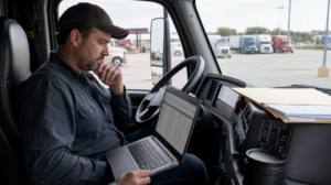 Owner-operator inside Class 8 truck cab reviewing a spreadsheet on a laptop, coffee on the dashboard, mid-day at a US truck stop